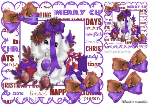 Cute Christmas Puppy with purple baubles,  and gold bows & presents 8x8