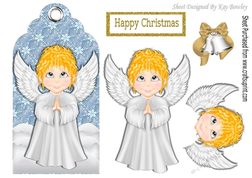 cute little Angel in white with gold bells on snow tag