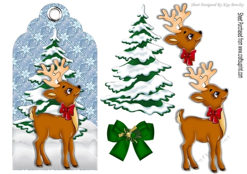 cute little deer with christmas tree on snow tag