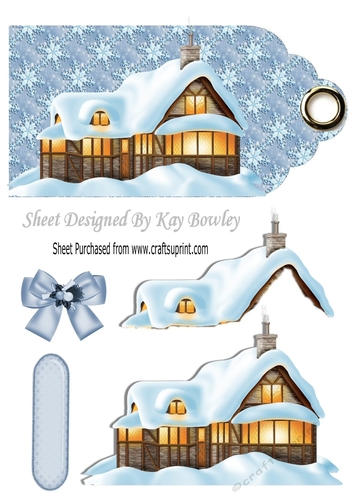 A pretty cottage in the snow with bow on a tag