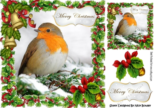 red robin on a branch with snow with holly 8x8