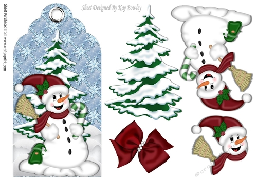 cute smiling snowman with christmas tree on a tag