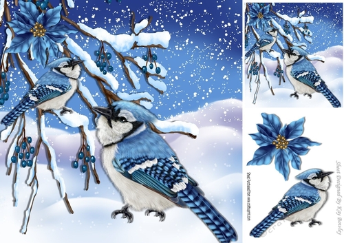 Pretty Blue birds in the snow with berries 8x8