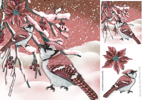 Pretty  pink birds in the snow with berries 8x8