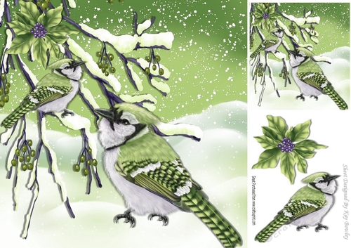 Pretty green birds in the snow with berries 8x8