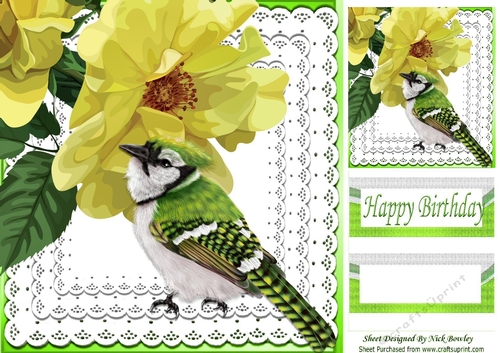Pretty painted yellow flowers with bird on lace 8x8