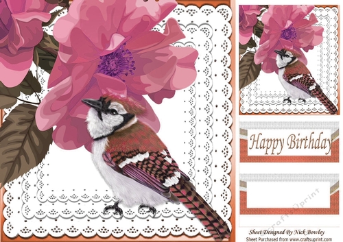 Pretty painted flowers with pink bird on lace 8x8