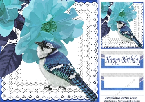 Pretty painted flowers with blue bird on lace 8x8