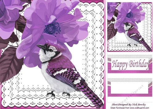 Pretty painted flowers with lilac bird on lace 8x8