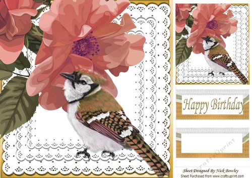 Pretty painted flowers with peach bird on lace 8x8