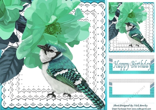 Pretty painted flowers with turq bird on lace 8x8