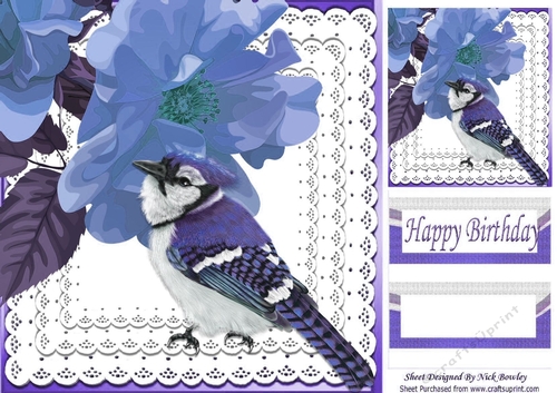 Pretty painted flowers with purple bird on lace 8x8