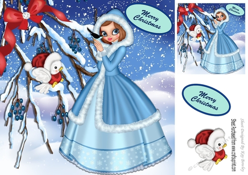 pretty girl in snow scene with little robin 8x8