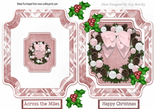Pretty christmas wreath with pink  bow & baubles, folded quick card 