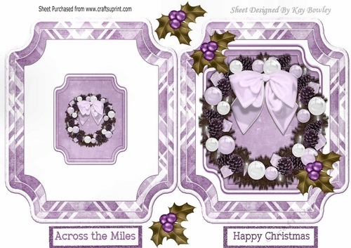 Pretty christmas wreath with lilac  bow & baubles, folded quick card
