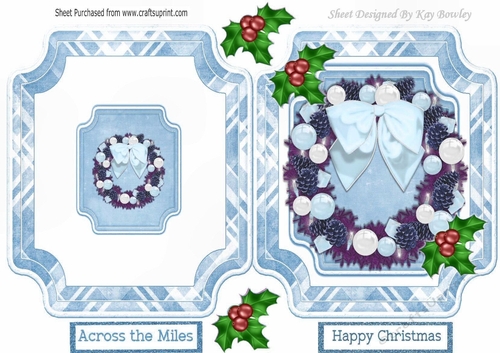Pretty christmas wreath with blue  bow & baubles, folded quick card