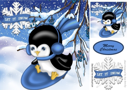 Penguin playing in the snow on blue sledge 8x8