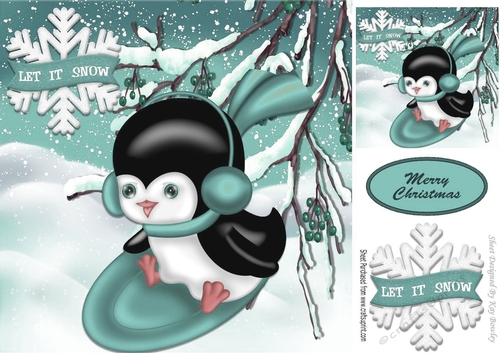Penguin playing in the snow on turq sledge 8x8