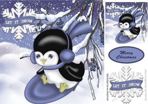 Penguin playing in the snow on lilac sledge 8x8
