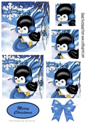 Penguin playing in the snow on blue sledge with bow,  pyramids