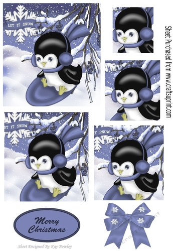 Penguin playing in the snow on lilac sledge with bow,  pyramids