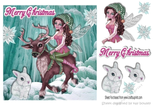 Fantasy faerie in pink riding a reindeer in the antartic snow