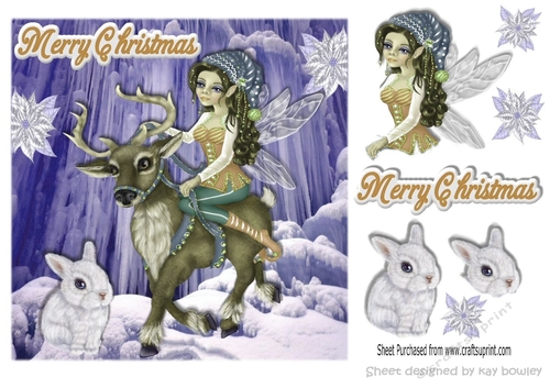Fantasy faerie in gold riding a reindeer in the antartic snow