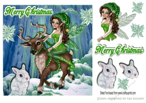 Fantasy faerie in green riding a reindeer in the antartic snow
