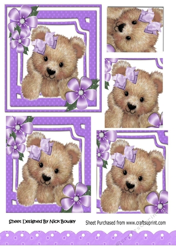 Cute fuzzy bear with purple bow and flowers with pyramids