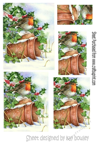 Robin with flowerpot in the snow pyramids