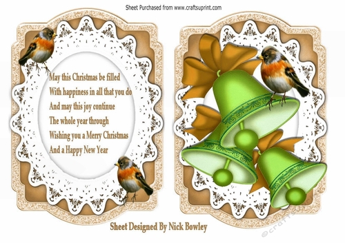 Green Christmas bells with robins on lace  with bow card front/verse A5