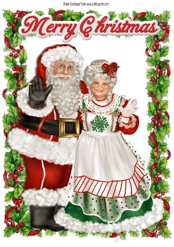 Santa and Mrs Claus in holly frame A4