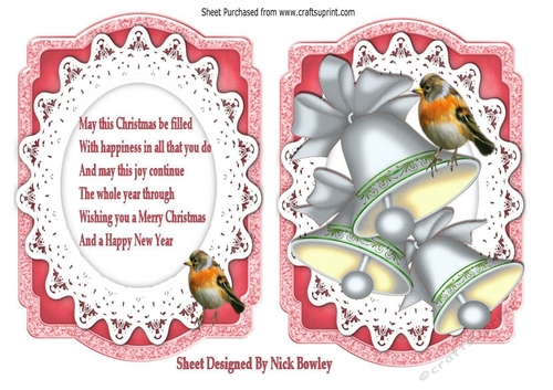 silver Christmas bells with robins on lace  with bow card front/verse A5