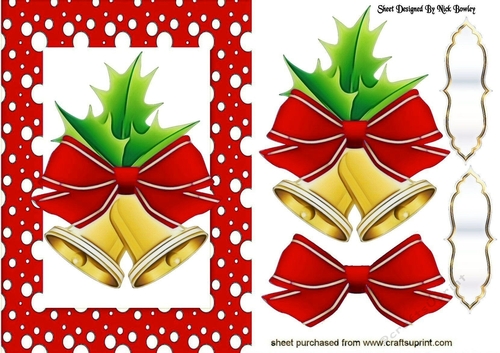 Gold bells with red bow in snow spot  A5 frame
