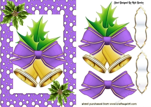 Gold bells with purple bow in snow spot  A5 frame