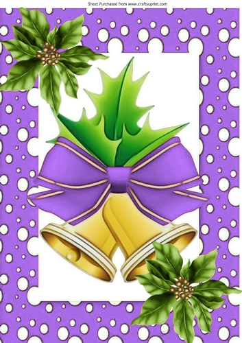 Gold bells with purple bow in snow spot A4 frame