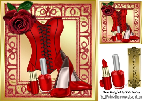 Pretty red corset, red rose  in ornate 8x8 frame