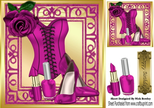 Pretty cerise corset, red rose, and red lippy in ornate 8x8 frame
