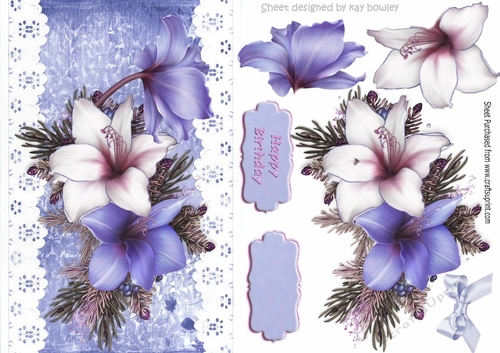 Pretty lilac and white Amaryllis on lace with bow A5