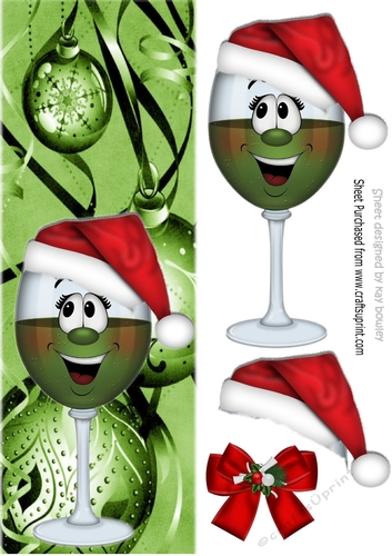 Toony glass of wine in santa hat with baubles tall DL