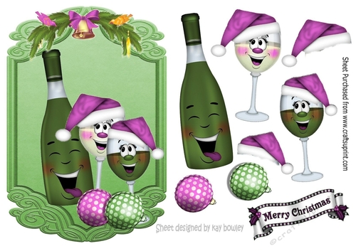 Christmas celebrations toony glasses in cerise hats and wine in festive frame, makes a lovely card, 