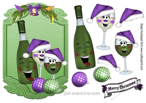 Christmas celebrations toony glasses in purple hats and wine in festive frame, makes a lovely card,