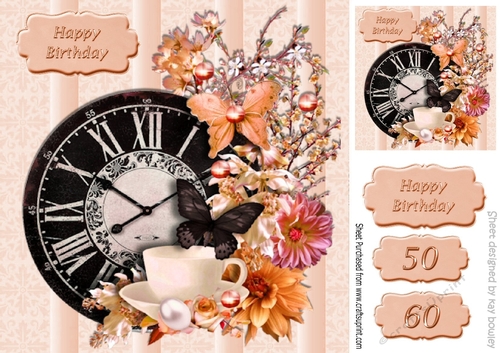 Pretty clock with flowers & butterflies for Birthday 8x8