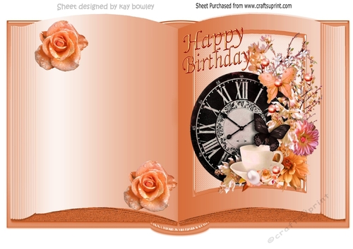 Pretty clock with flowers & butterflies for Birthday open A4 Book