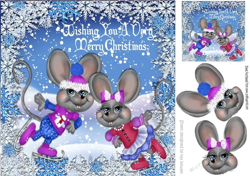 Cute pair of mice ice skating with snowflakes 8x8