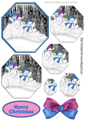 Lovely snowmen playing in the snow  in blue hexagon pyramids