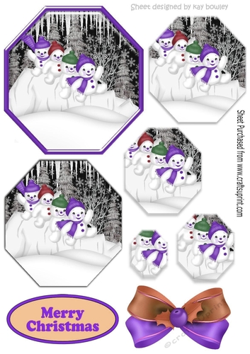 Lovely snowmen playing in the snow  in purple hexagon pyramids