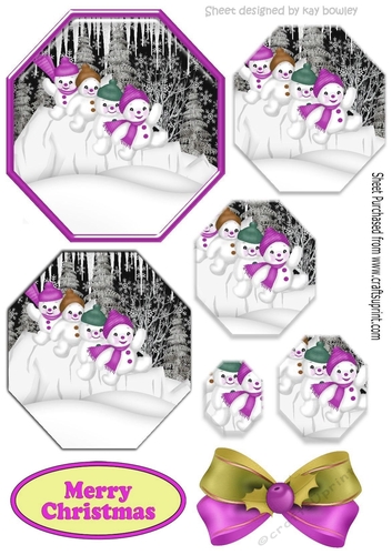Lovely snowmen playing in the snow  in pink hexagon pyramids