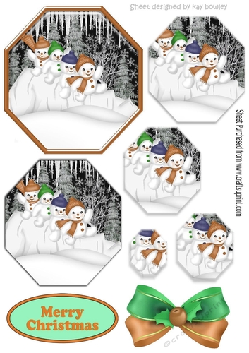 Lovely snowmen playing in the snow  in brown hexagon pyramids