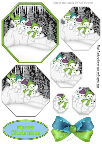 Lovely snowmen playing in the snow  in green hexagon pyramids